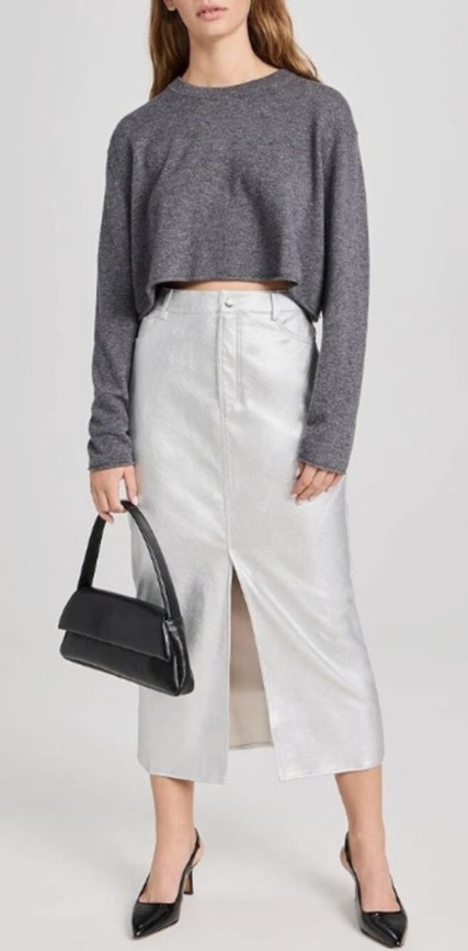 WAYF Maxi Pencil Skirt Long Split Front Silver Shiny Small Vegan Leather